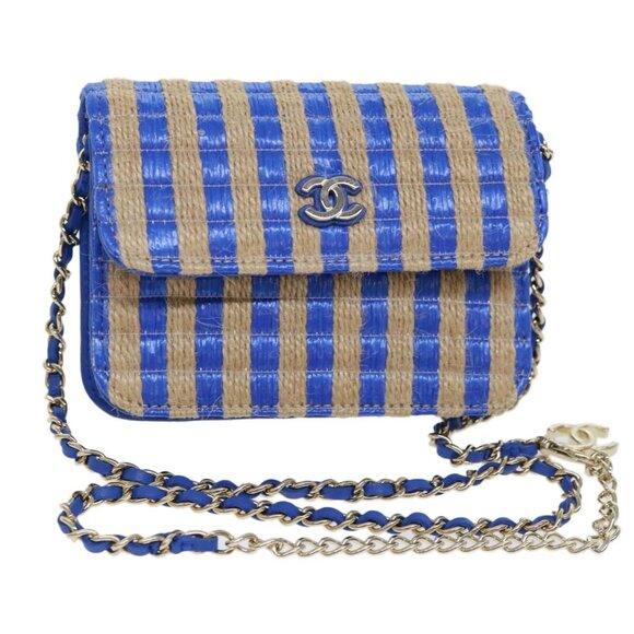 CHANEL Chain Shoulder Bag Raffia Blue Beige CC - Picture 1 of 16